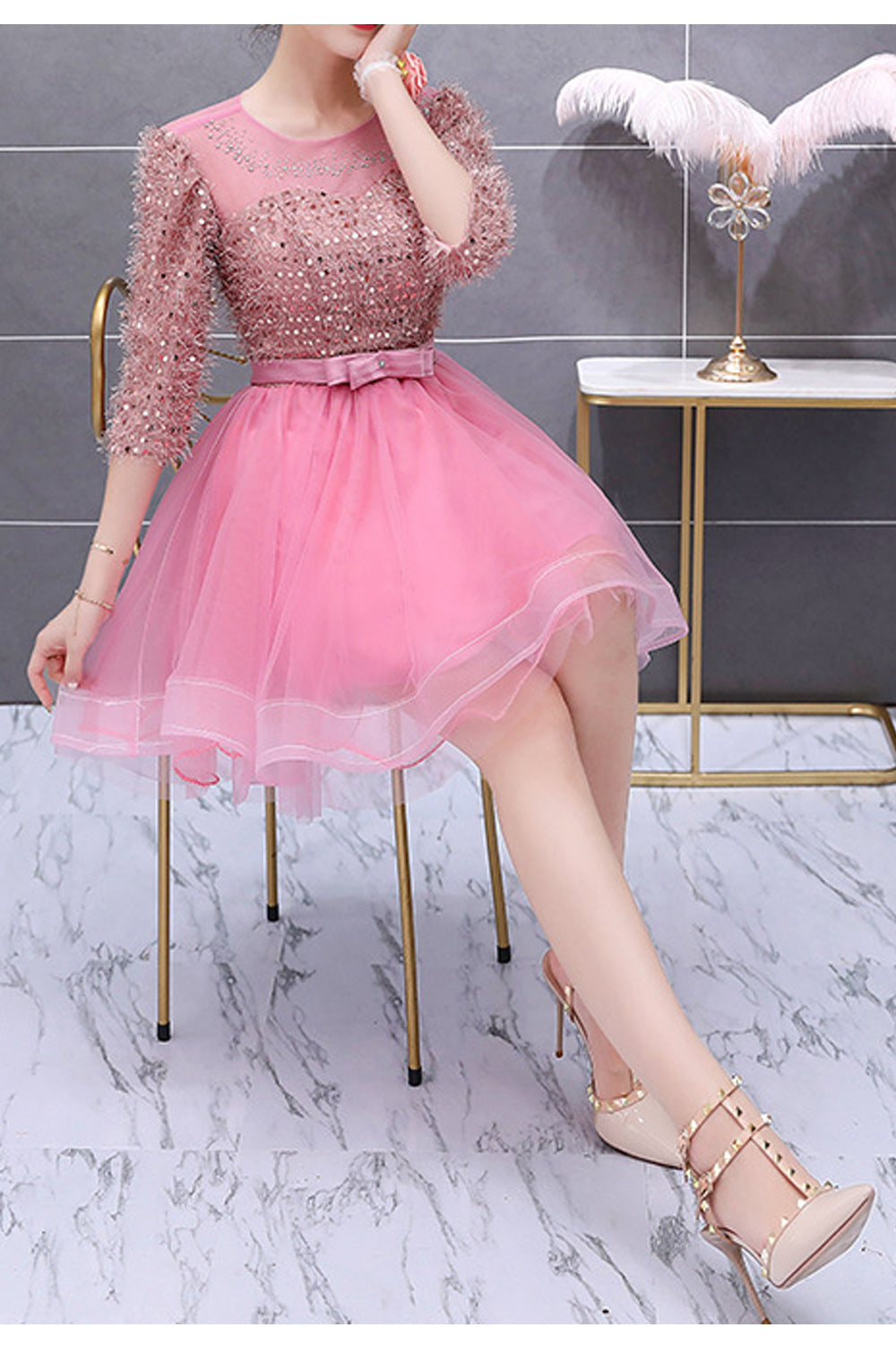Women Decorated Bust Plain Skirt Prom Dress