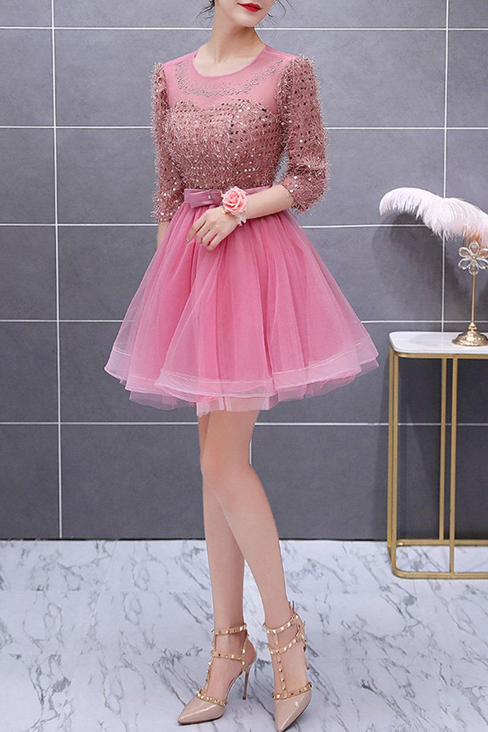 Women Decorated Bust Plain Skirt Prom Dress