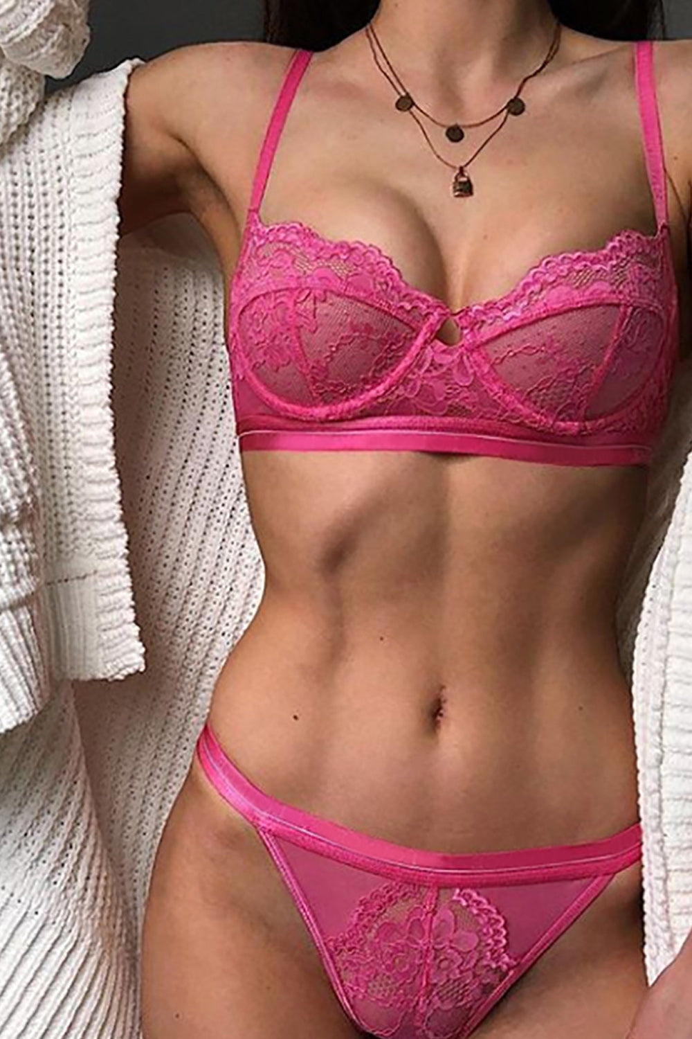 Women Sheered Style Lace Up Two Piece Lingerie