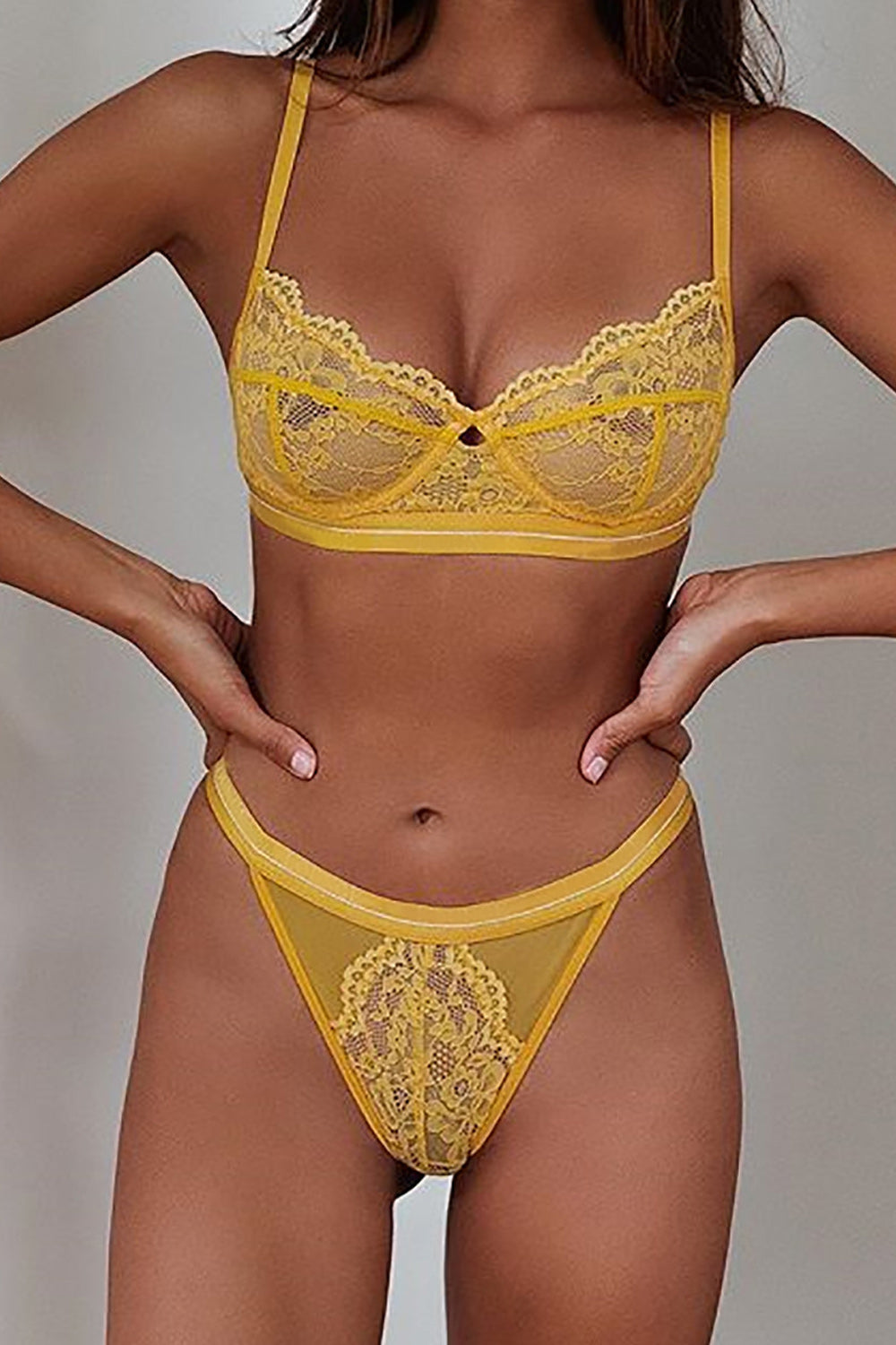 Women Sheered Style Lace Up Two Piece Lingerie