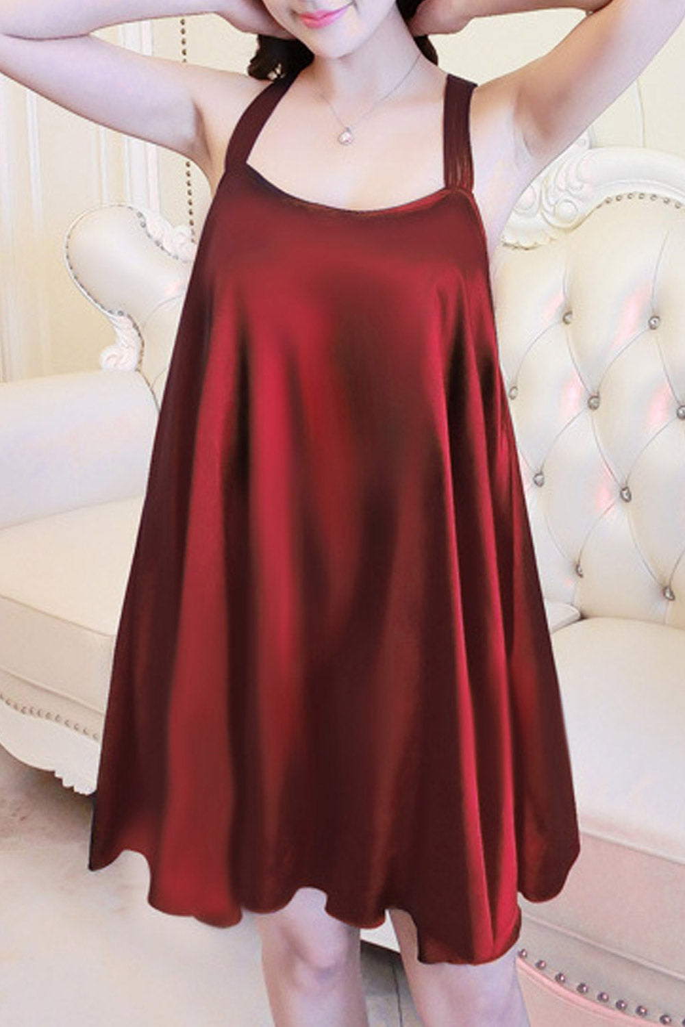 Women Strap Neck Solid Pattern Silk Nightdress