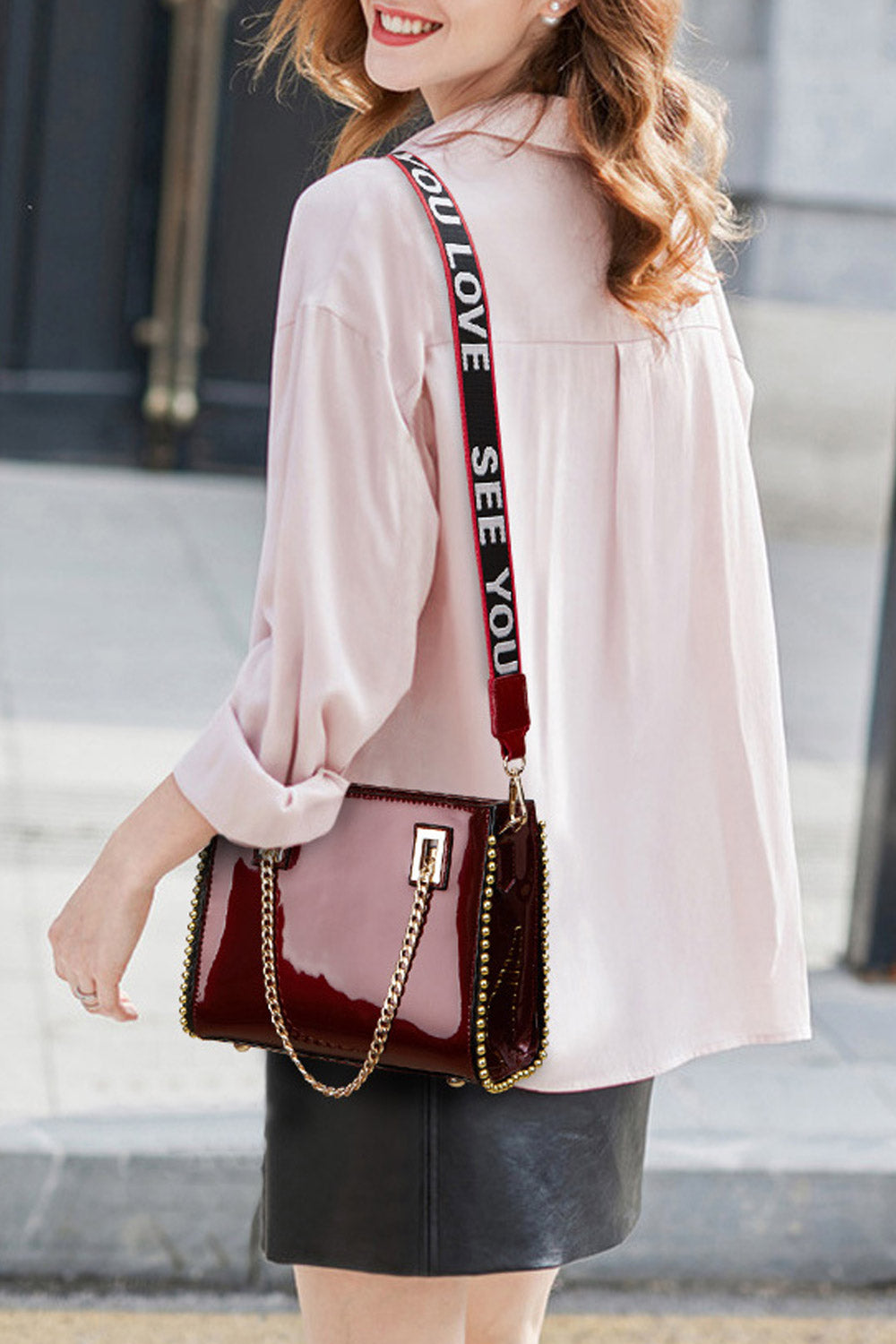 Women PU Leather Rhinstone Mouth Handbag