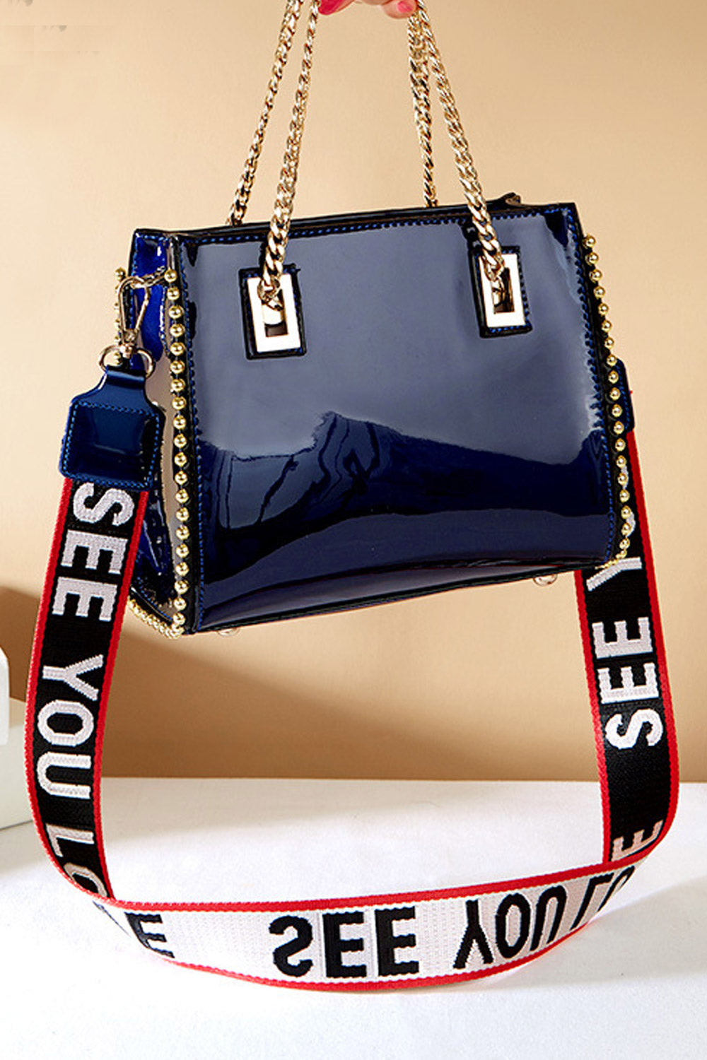 Women PU Leather Rhinstone Mouth Handbag