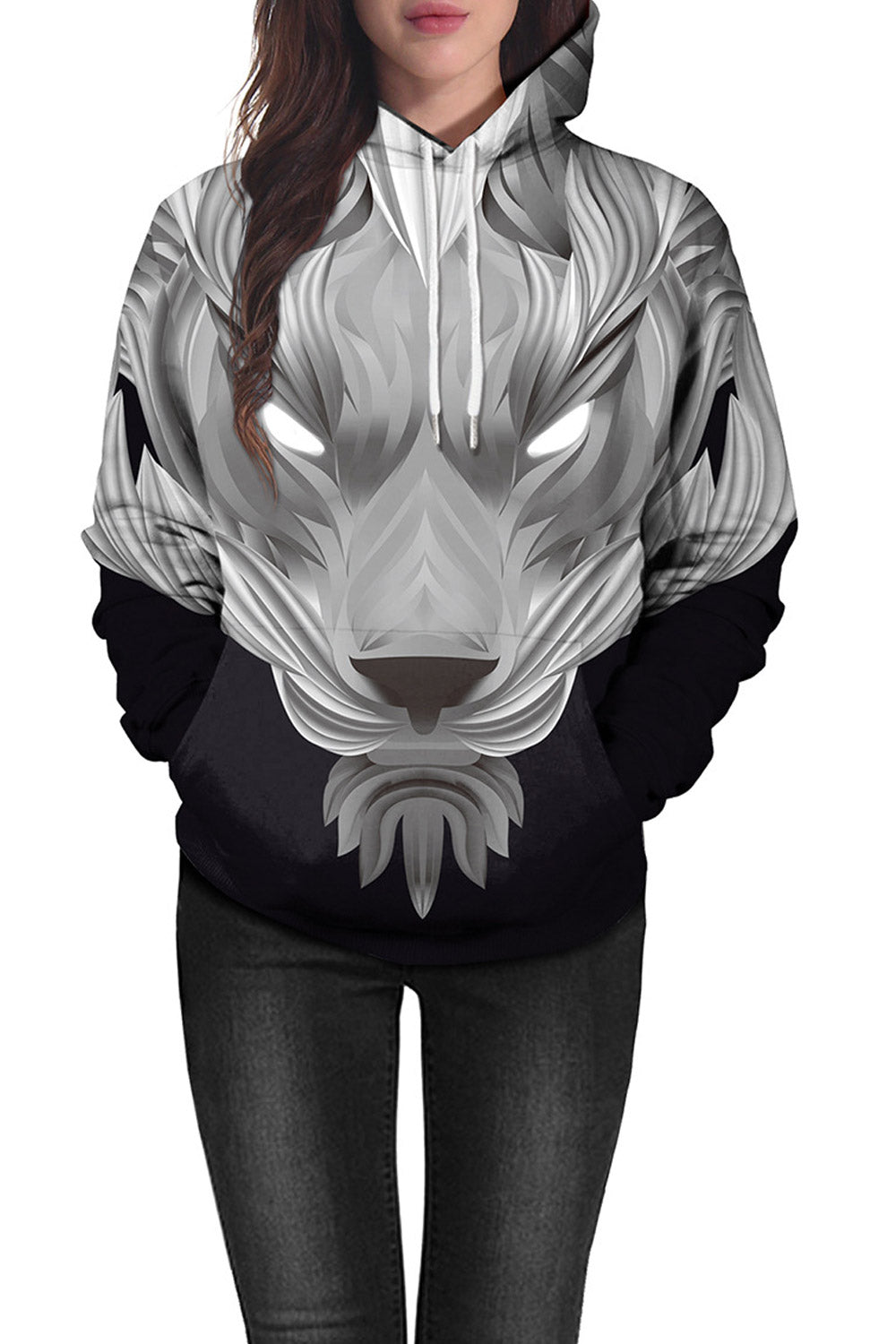 Women Drawcord Neck 3D Animal Print Hoodie