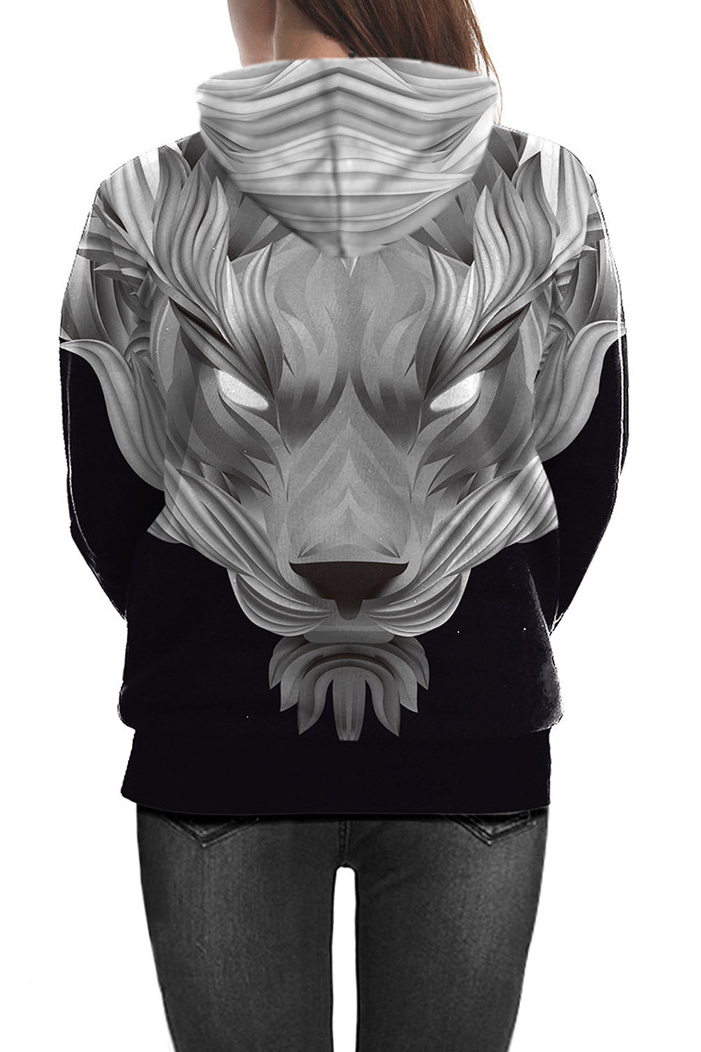 Women Drawcord Neck 3D Animal Print Hoodie