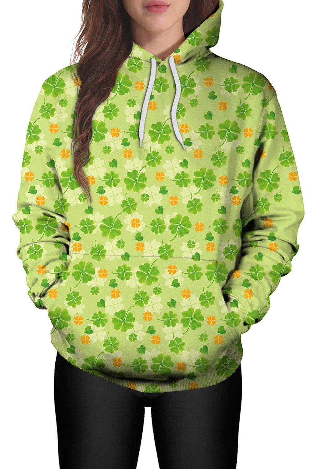 Women Green Flower Print Loose Winter Hoodie