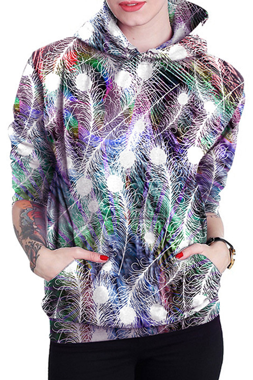 Women 3D Feather Print Loose Hoodie