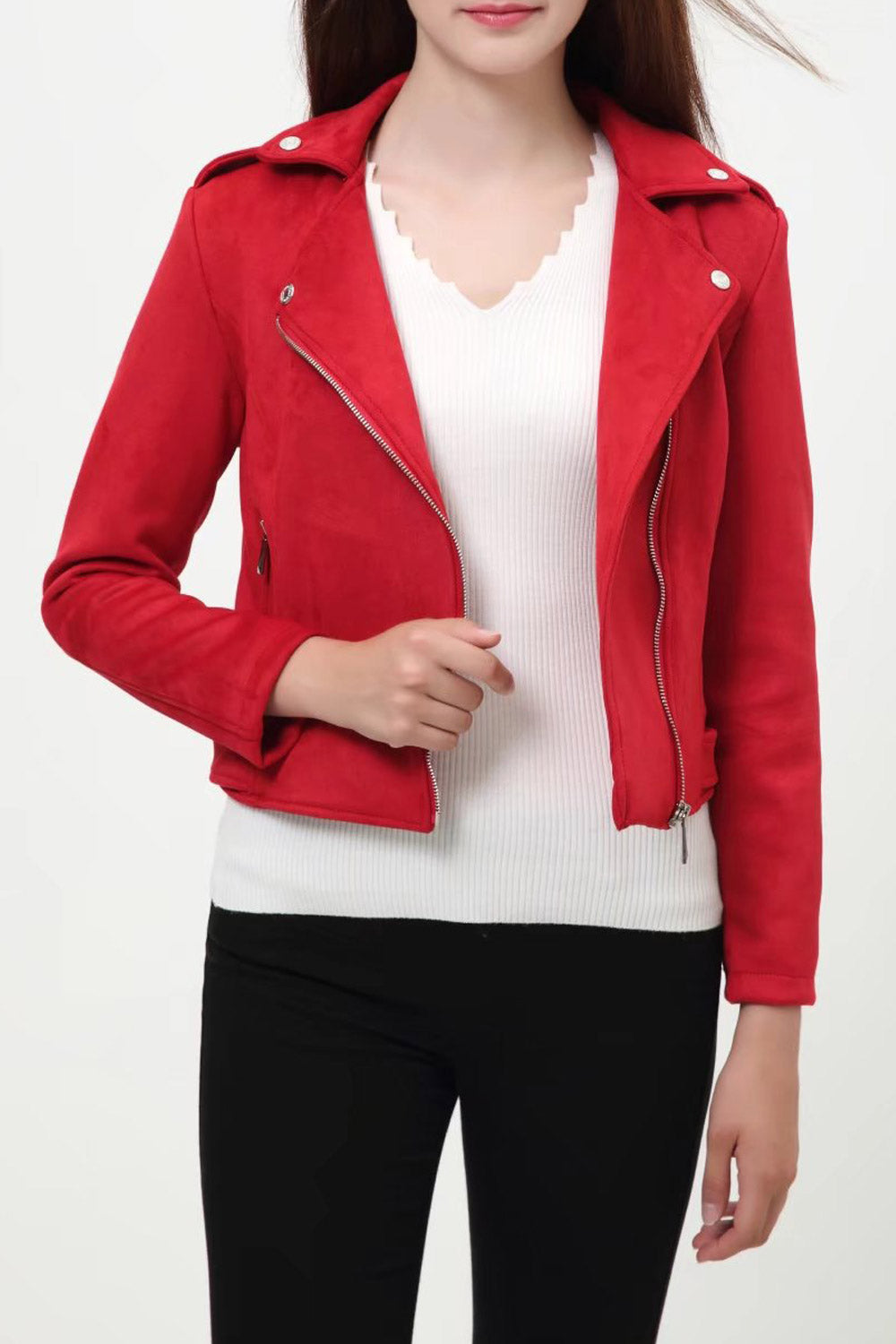 Women Winter Long Sleeves Zipper Closure Leather Jacket