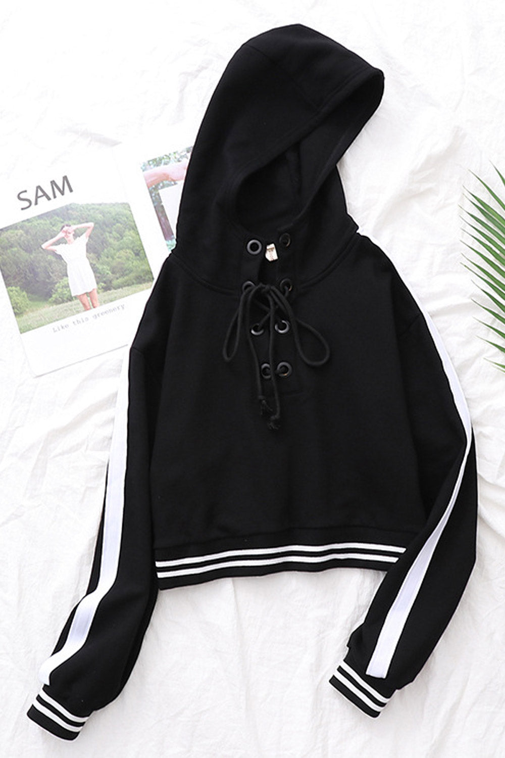 Women Loose Striped Hem Long Sleeve Hoodie