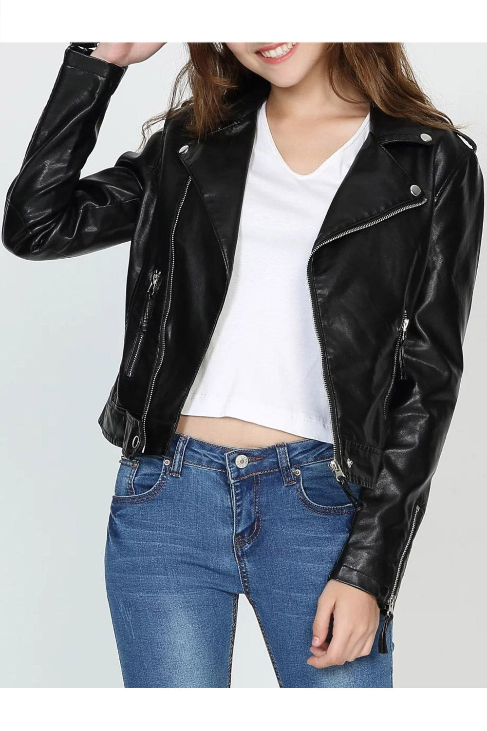 Women Classy Long Sleeves Zipper Closure Slim Leather Jacket