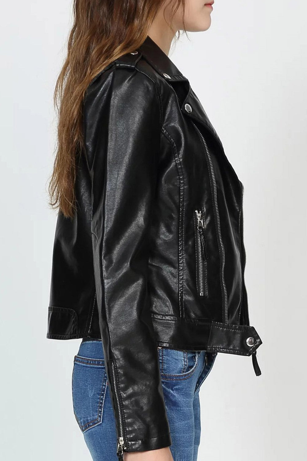 Women Classy Long Sleeves Zipper Closure Slim Leather Jacket