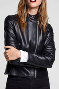 Women Warm Solid Color Small Collar Leather Jacket