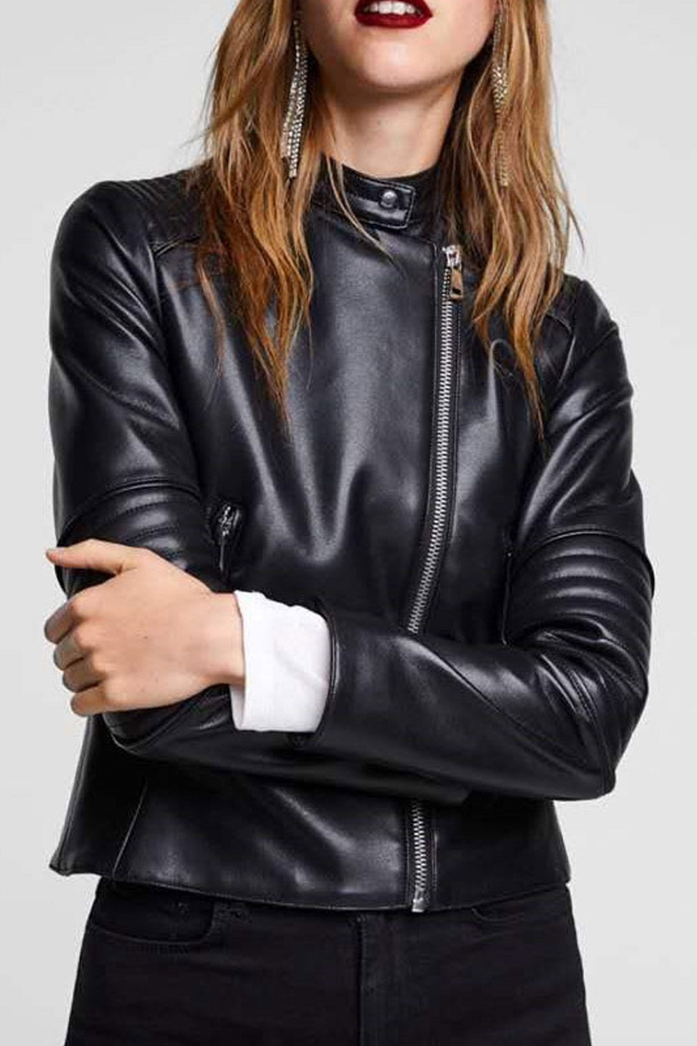 Women Warm Solid Color Small Collar Leather Jacket