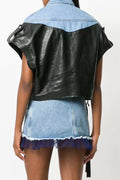 Women Stylish Short Sleeve Contrast Color Leather Jacket