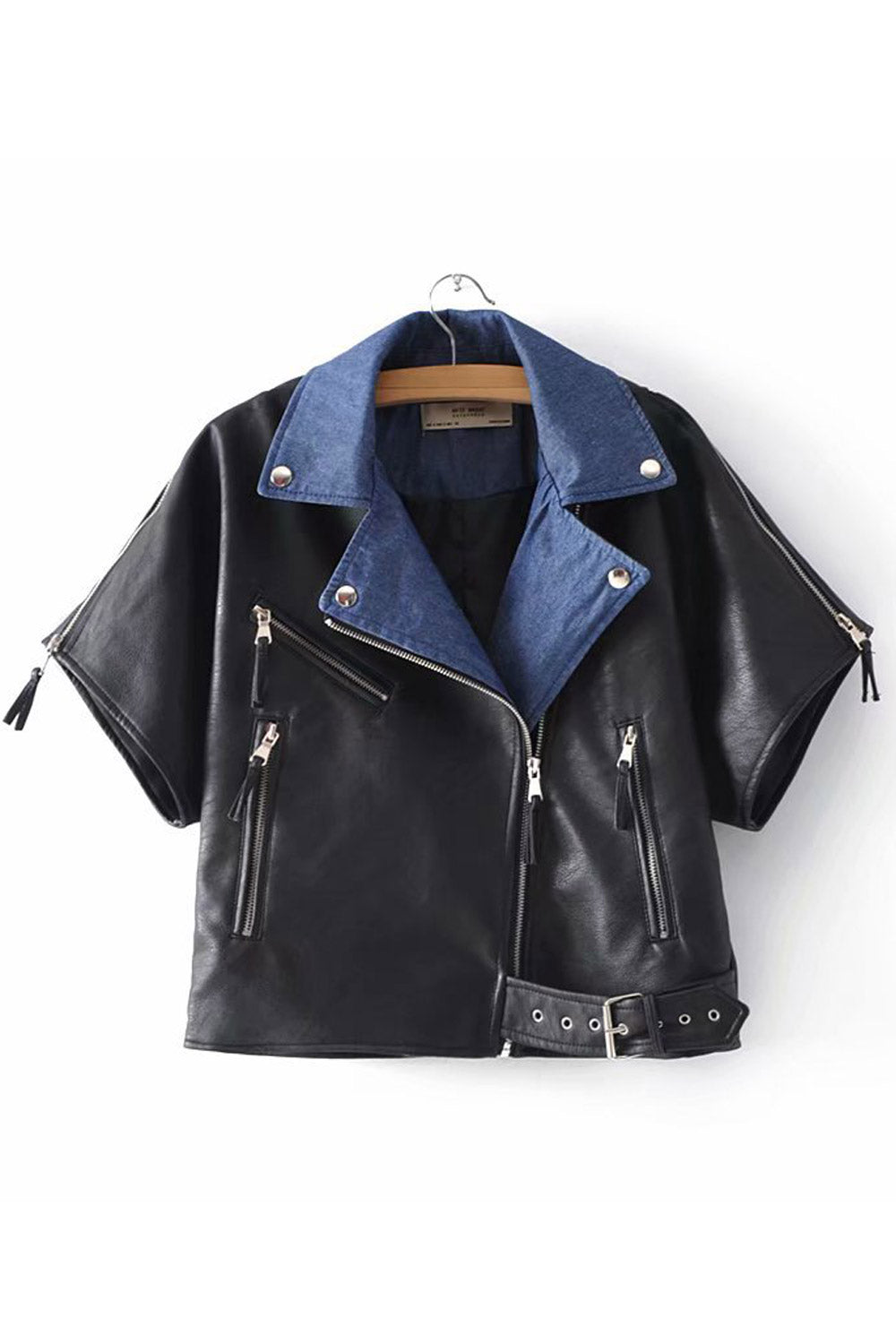 Women Classy Short Sleeve Cropped Leather Jacket