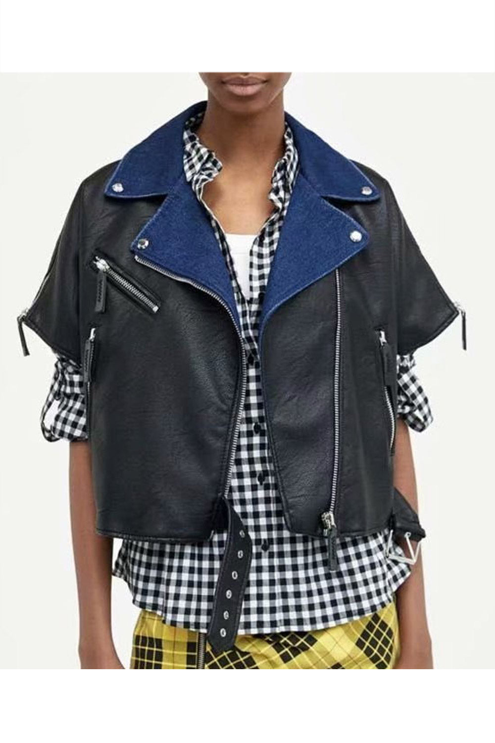 Women Classy Short Sleeve Cropped Leather Jacket