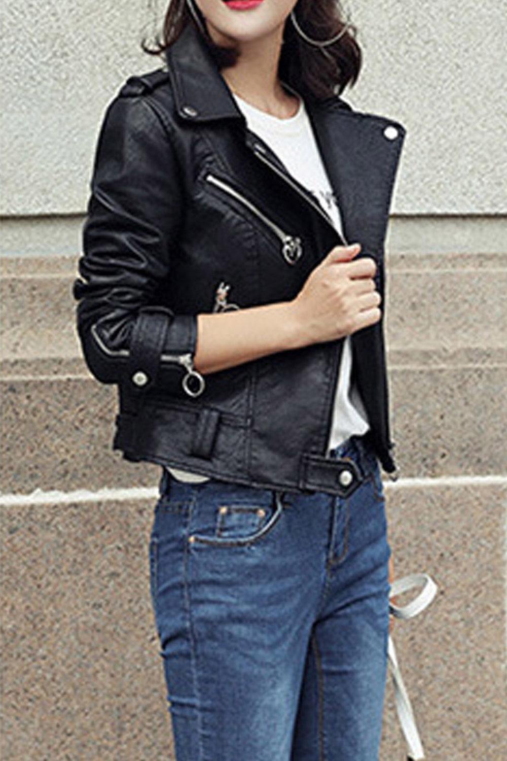 Women Elegant Short Length Long Sleeve Leather Jacket