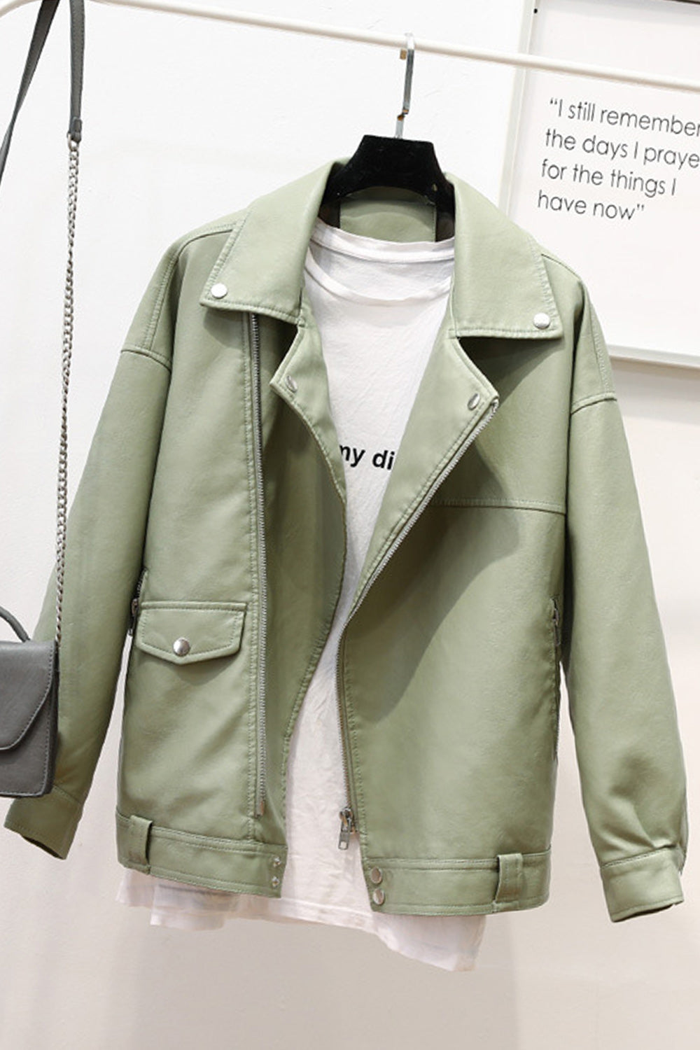 Women Fashion Diagonal Zipper Loose Fit Leather Jacket