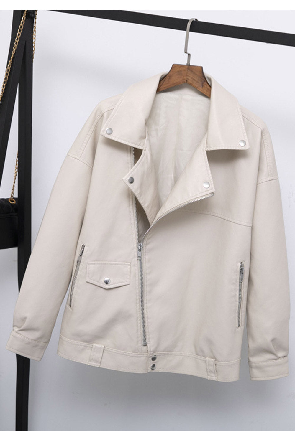 Women Fashion Diagonal Zipper Loose Fit Leather Jacket