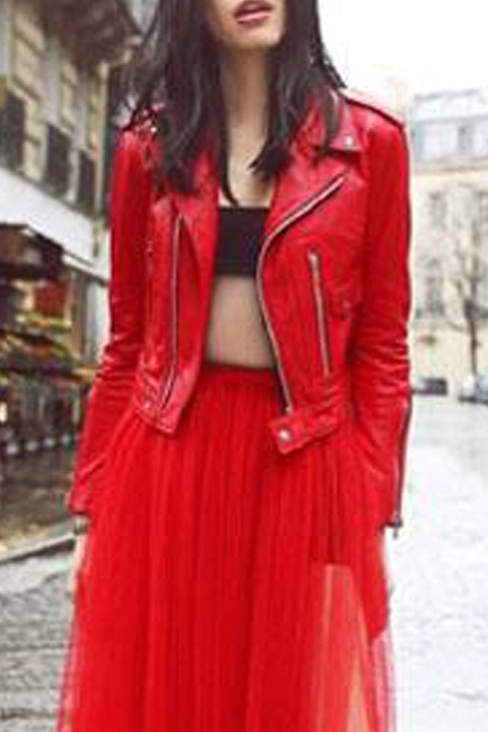 Women Fashion Zipper Closure Crop Casual Leather Jacket