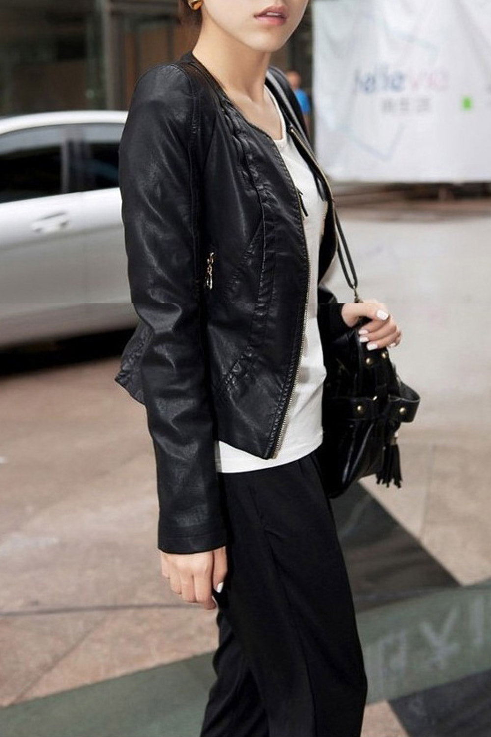 Women Elegant Round Neck Slim Leather Jacket