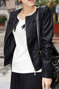 Women Elegant Round Neck Slim Leather Jacket