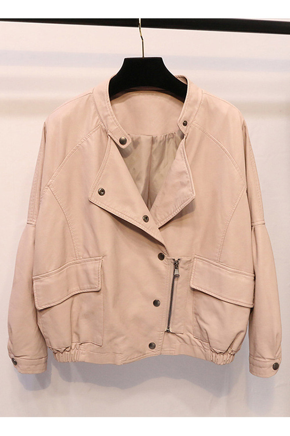 Women Lovely Diagonal Button Closure Loose Fit Leather Jacket