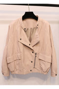 Women Lovely Diagonal Button Closure Loose Fit Leather Jacket