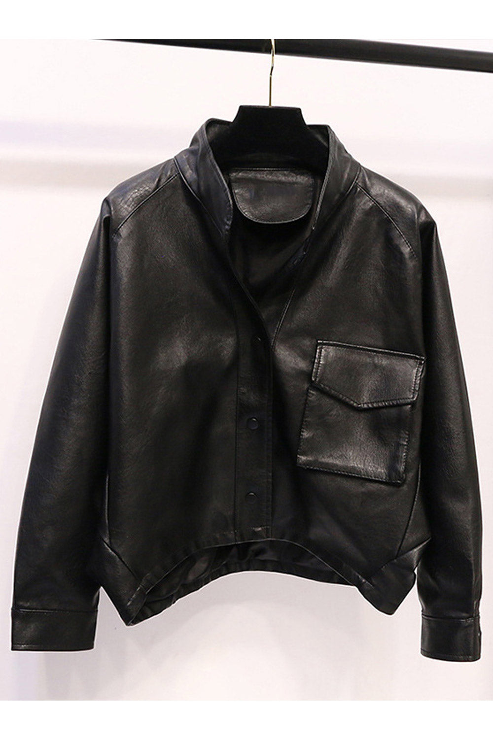 Women Classy Loose Fit Stand Collar Leather Jacket