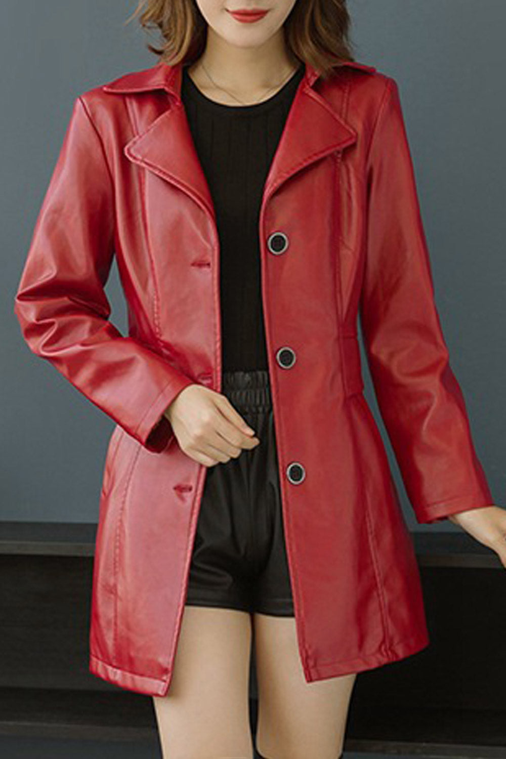 Women Alluring Button Closure Long Length Leather Jacket