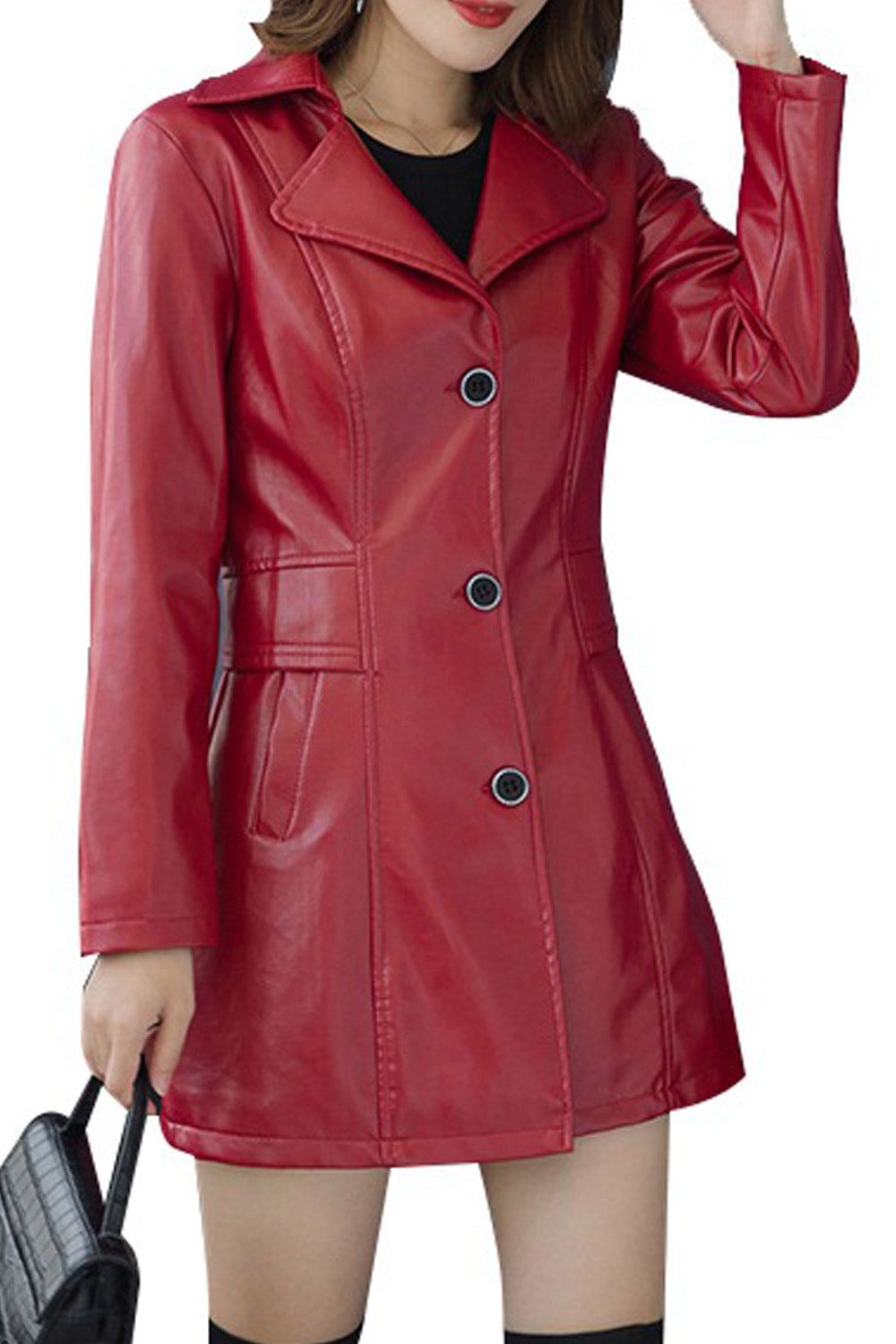 Women Alluring Button Closure Long Length Leather Jacket