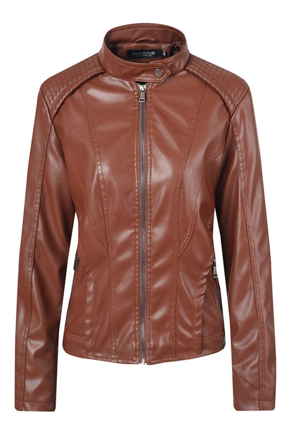 Women Fashion Zipper Closure Slim Leather Jacket