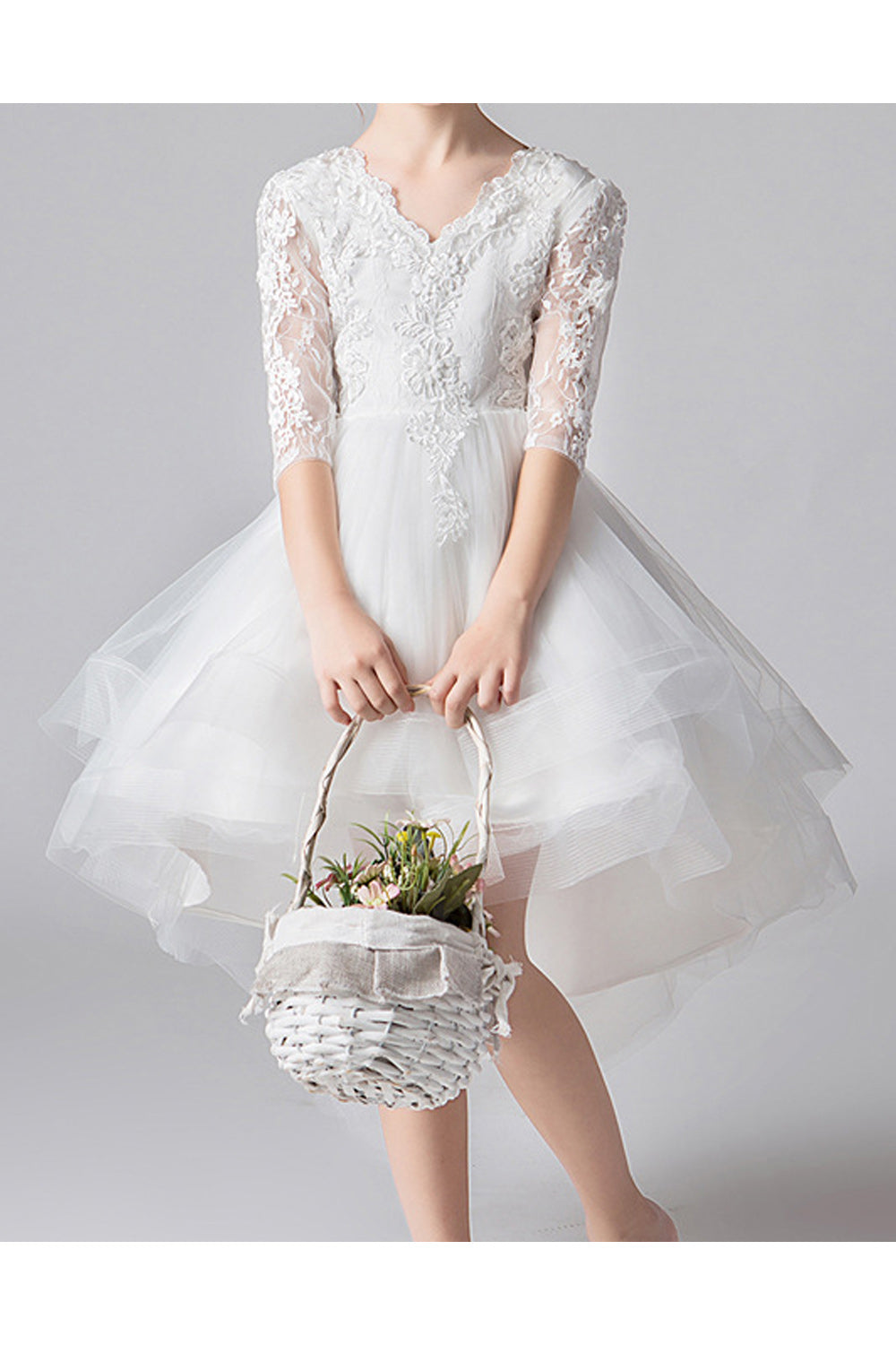 Kids Girls Irregular Hem Floral Lace Up Dress