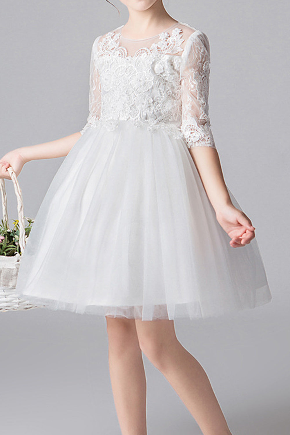 Kids Girls Crochet Lace Bodice 3/4 Sleeves Dress