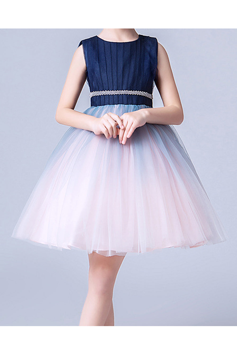 Kids Girls Waist Band Pleated Bust Sleevesless Dress
