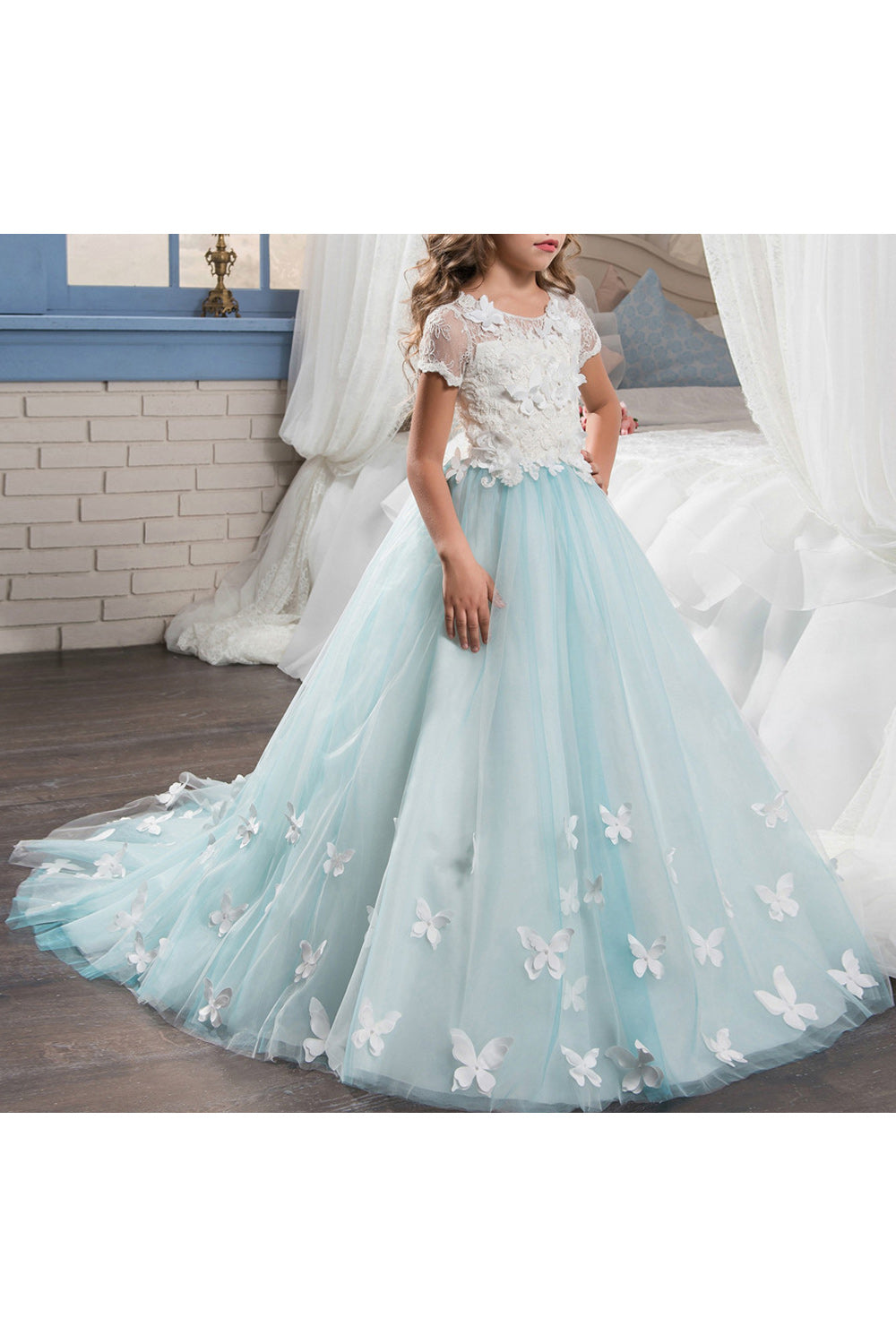 Kid Girl Elegant Flower Lace Long Sleeve Wedding Dress