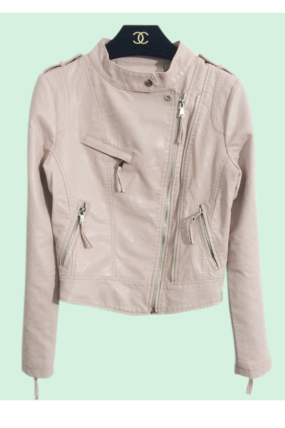 Women Fashion Stand Collar Leather Jacket