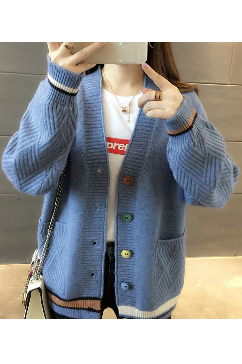 Women Fashion Button Closure Loose Fit Cardigan