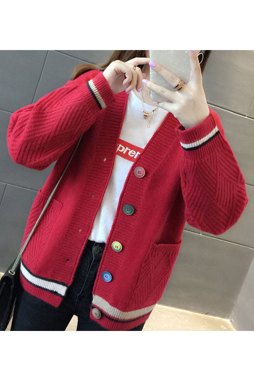 Women Fashion Button Closure Loose Fit Cardigan