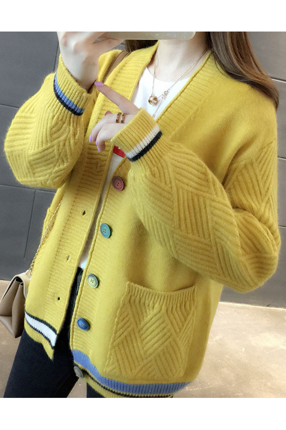 Women Fashion Button Closure Loose Fit Cardigan