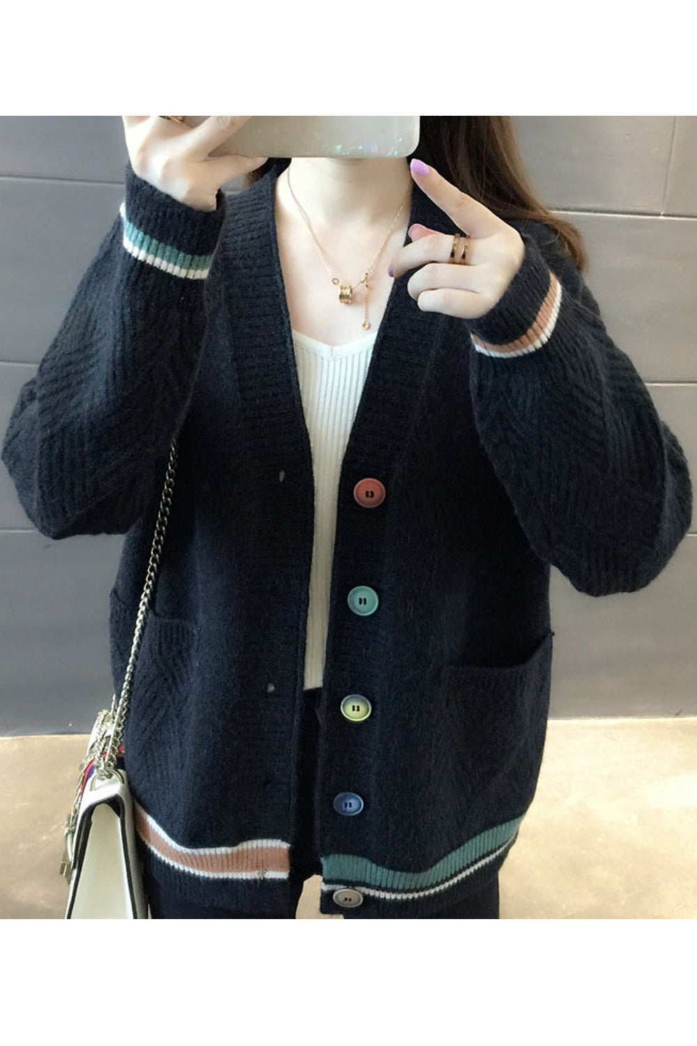Women Fashion Button Closure Loose Fit Cardigan