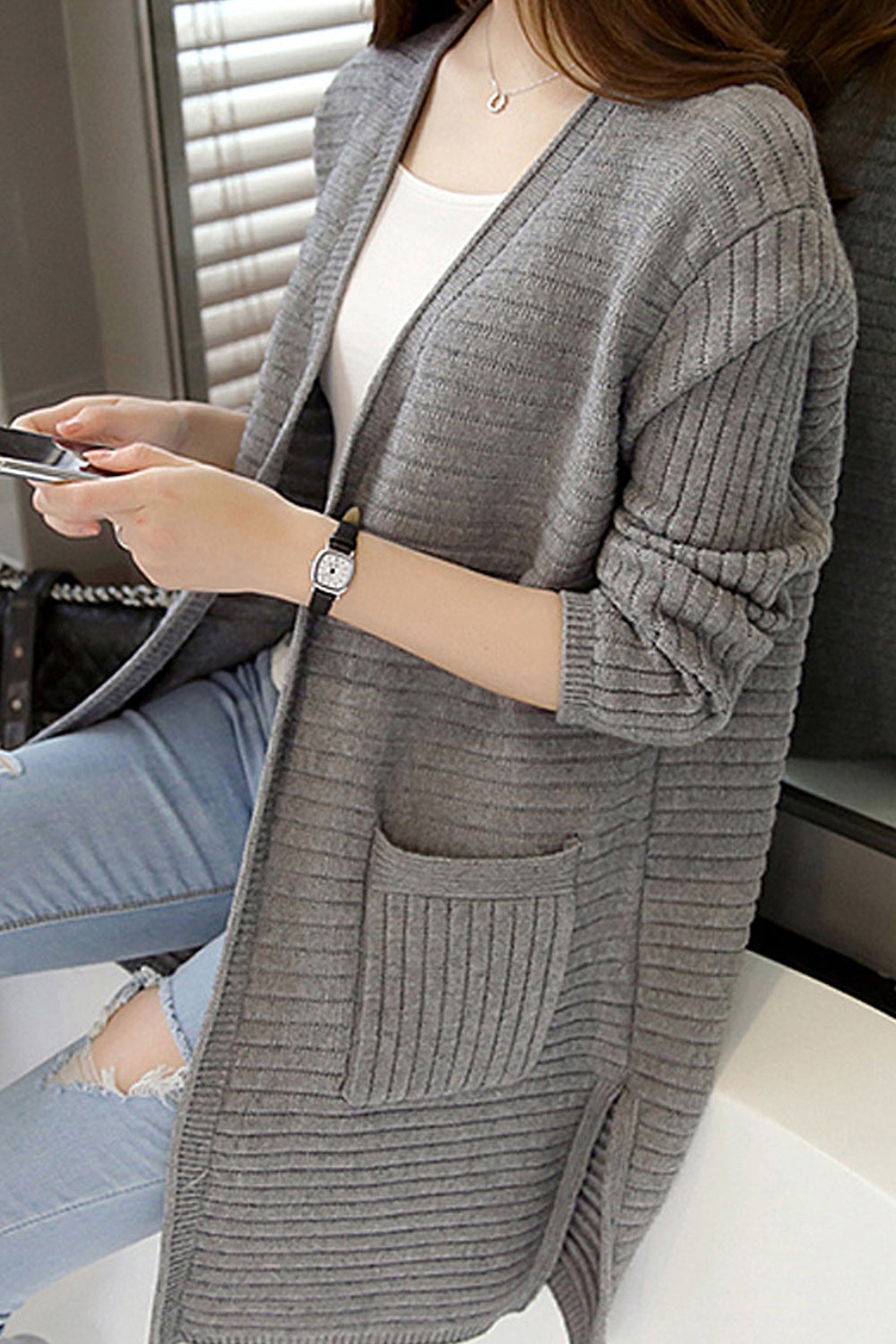 Women Classy Loose Split Hem Cardigan