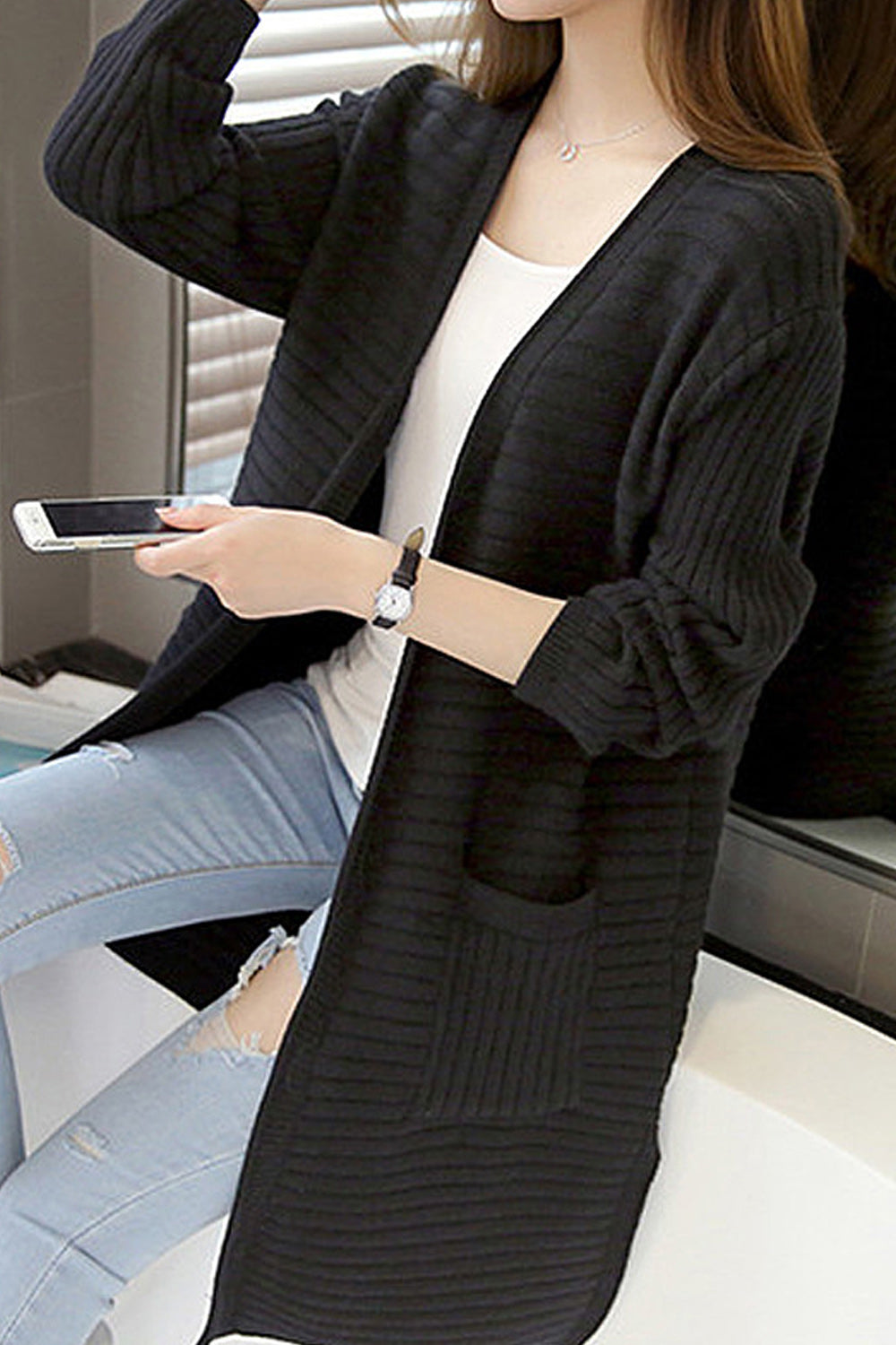 Women Classy Loose Split Hem Cardigan