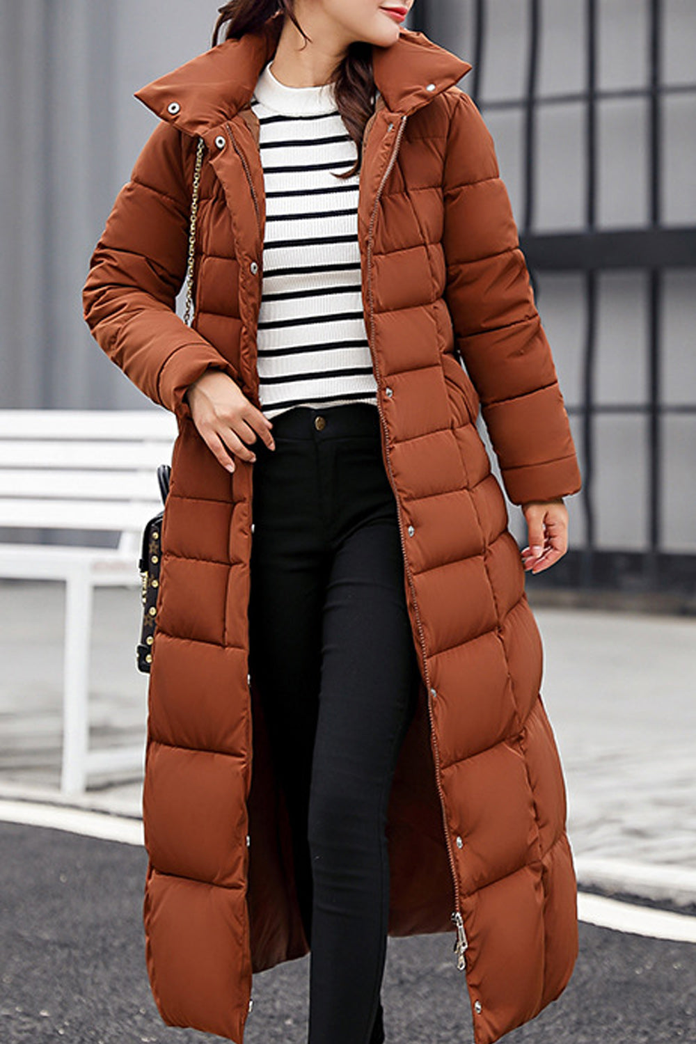 Women Thick Padded Long Section Zipper Up Jacket