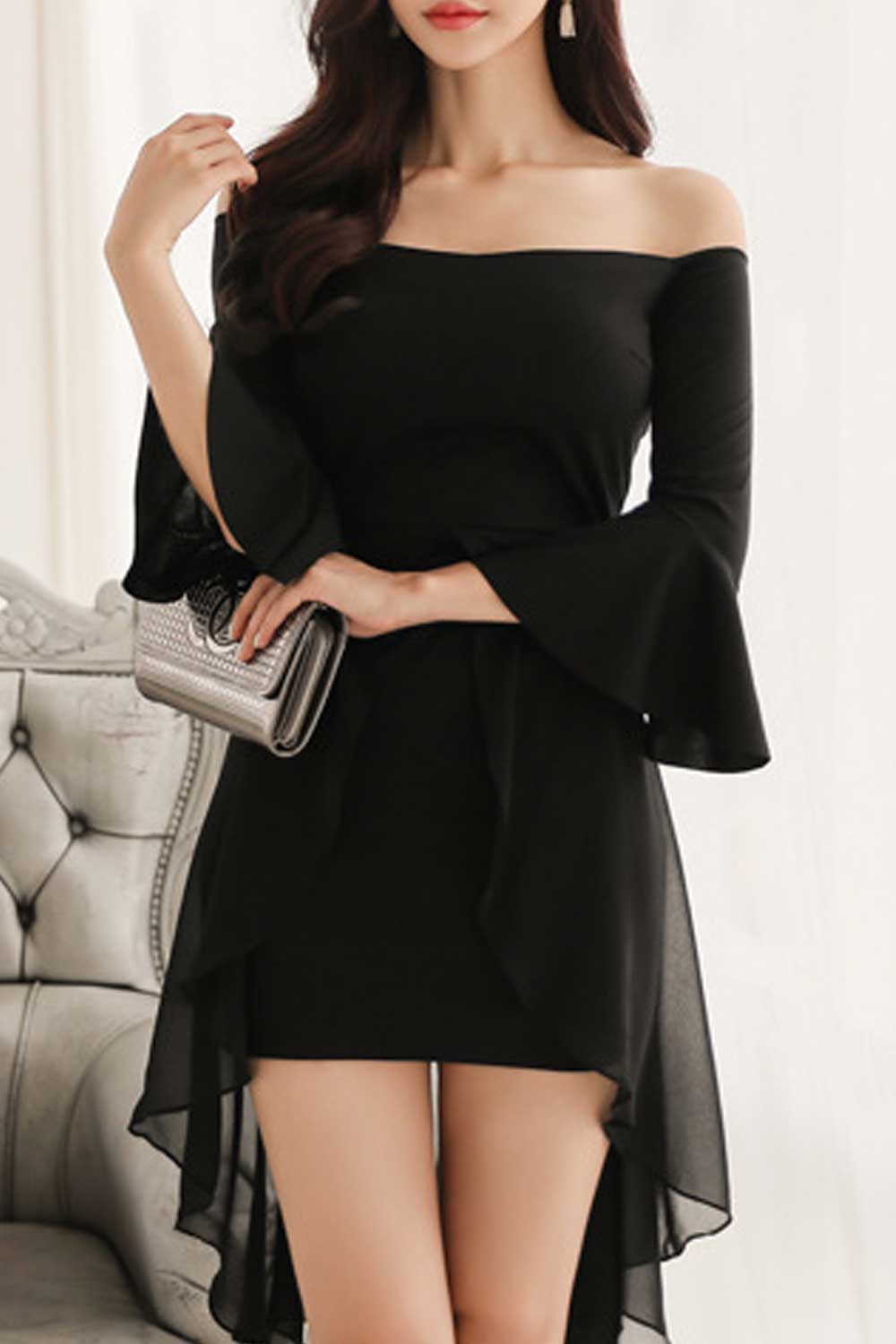 Women Trumpet Sleeve Irregular Skirt Chiffon Dress