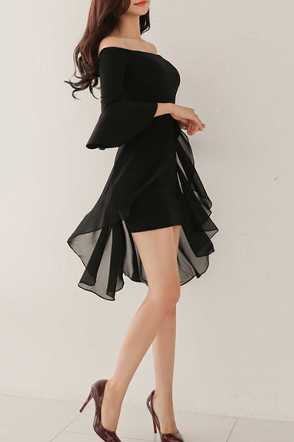 Women Trumpet Sleeve Irregular Skirt Chiffon Dress
