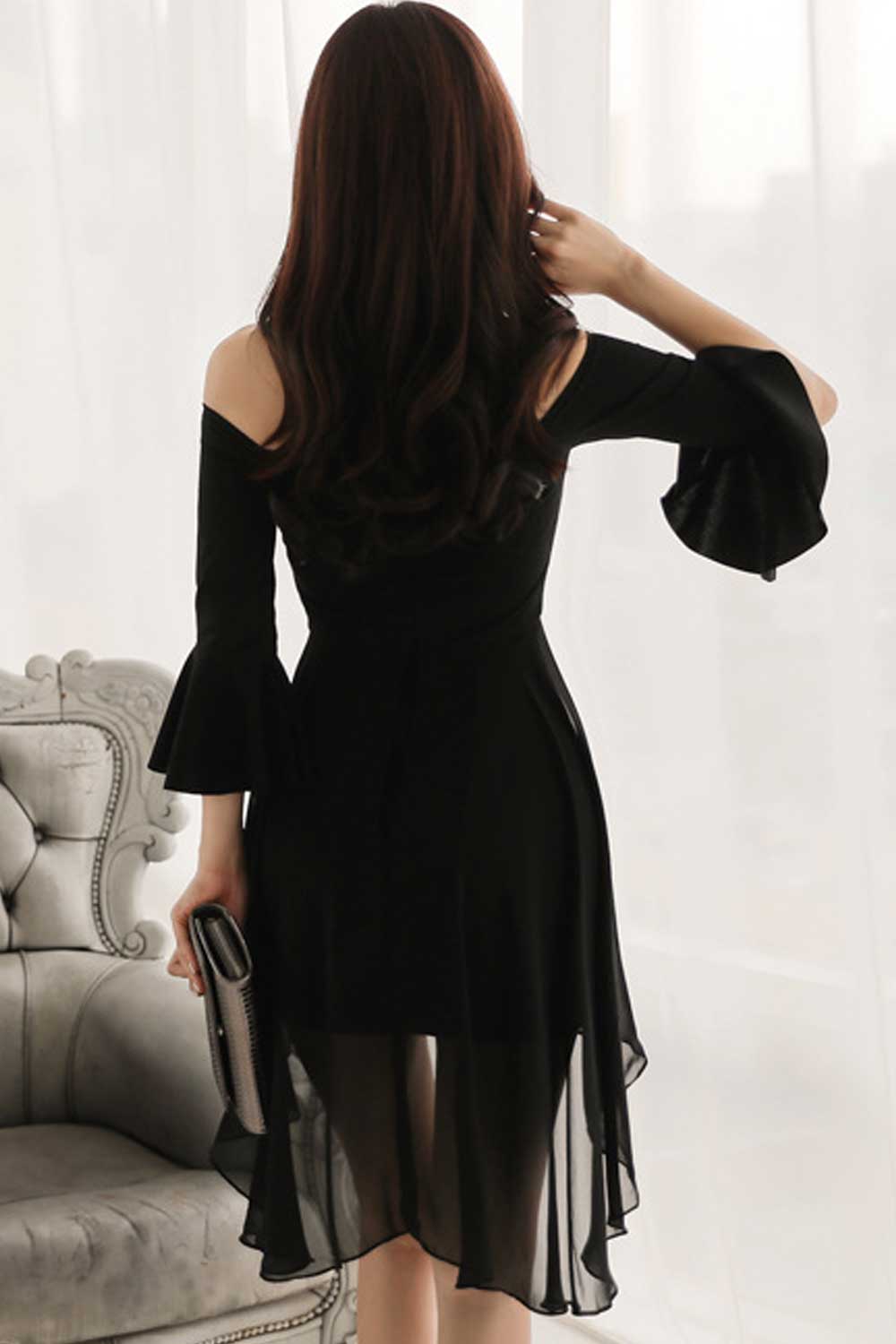 Women Trumpet Sleeve Irregular Skirt Chiffon Dress