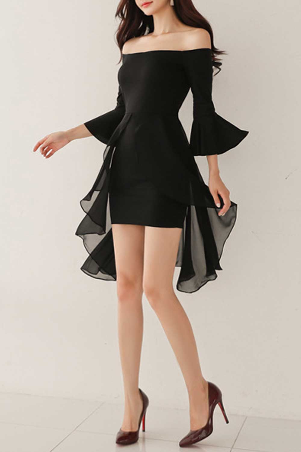 Women Trumpet Sleeve Irregular Skirt Chiffon Dress