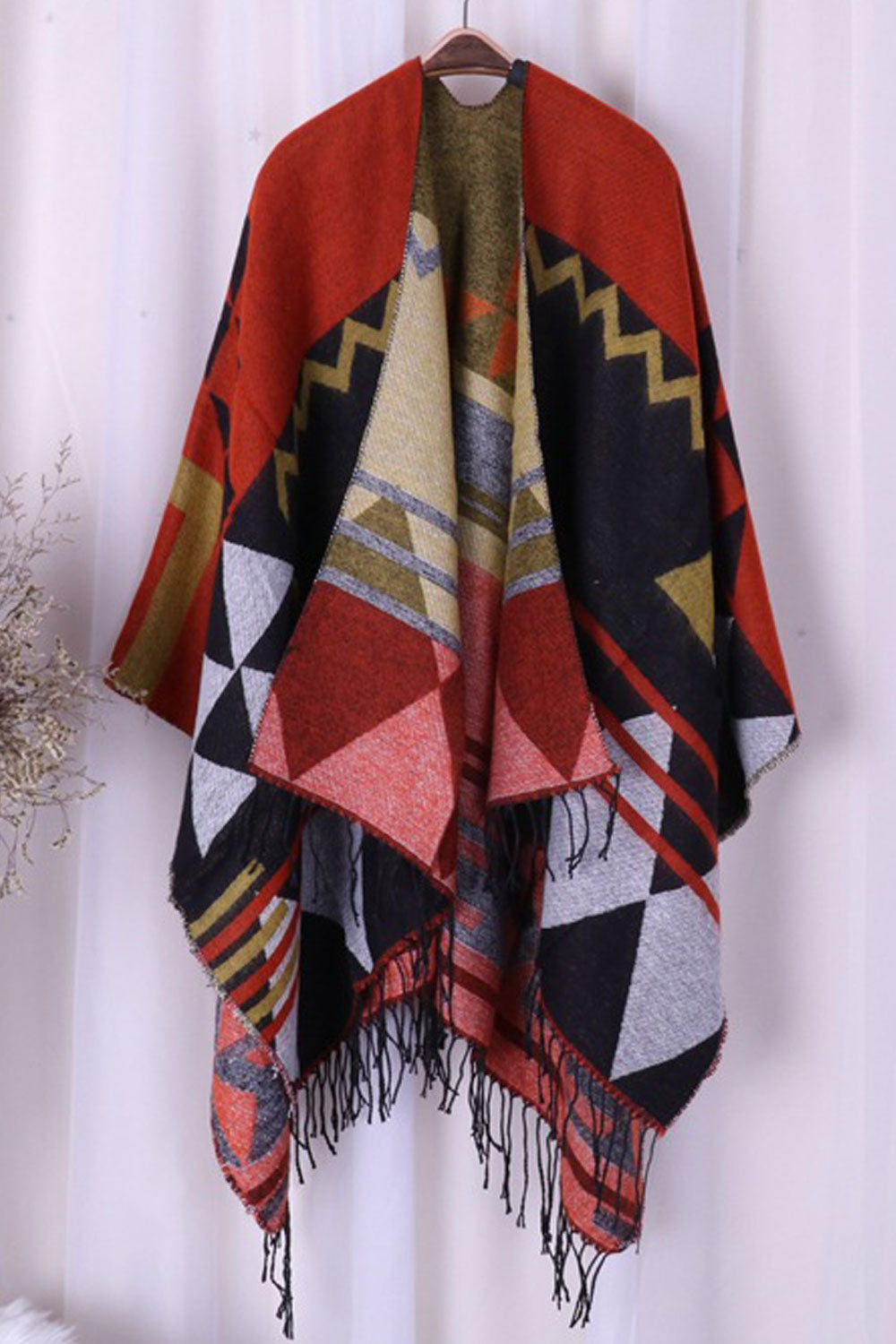 Women Contrast Color Geometry Pattern Warm Shawl