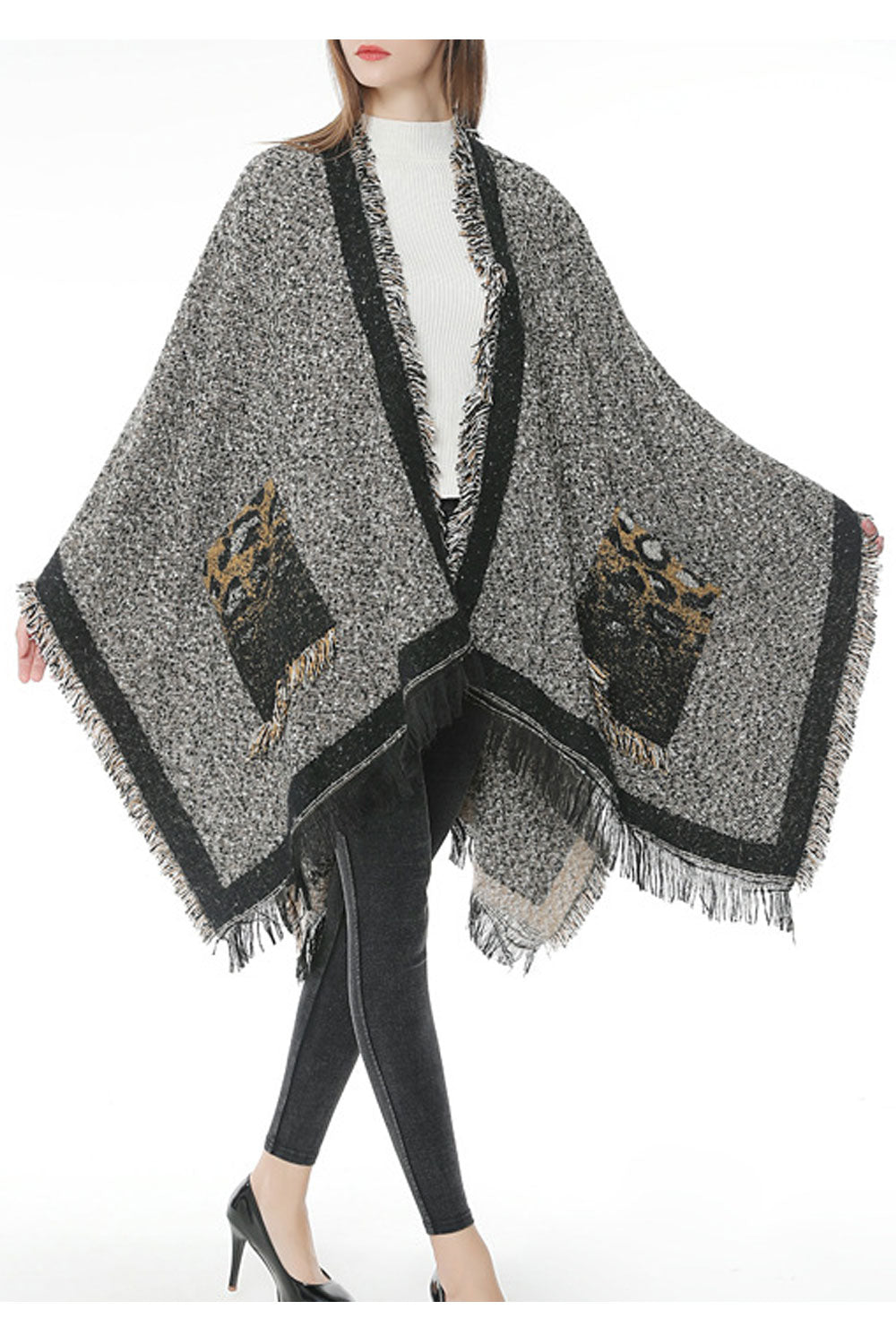 Women Fashion Warm Leopard Pocket Winter Shawl